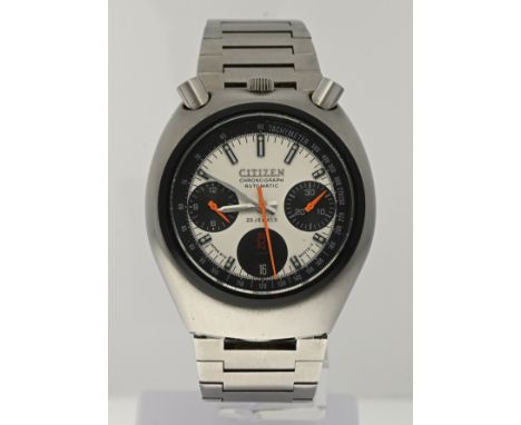 Special vintage Citizen watch, chronograph automatic. Bullhead, panda dial with orange hands. With a steel case and a steel s