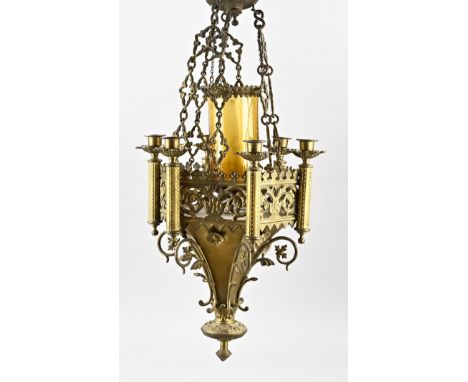 Neo-Gothic sanctuary lamp of brass with candles. 19th century. For six candles all around. Dimensions: 70 x Ø 30 cm. In good 