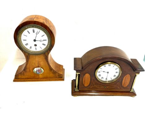 Oak inlaid mantel clock and 1 other battery mantle clock, untested 