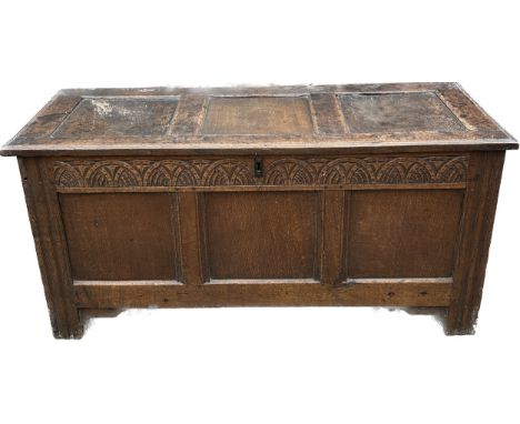 Antique period 3 panel blanket box, in need of restoration, approximate measurements: Height 25 inches, 53 inches in length, 