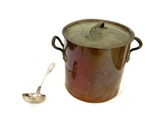 Vintage copper lidded cooking pot and a silver plated ladle 