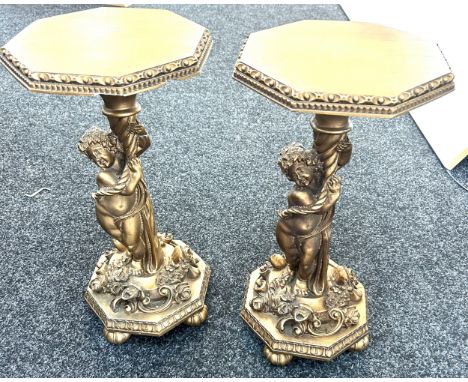 Pair ornate cherub design lamp tables, overall height 20 inches 