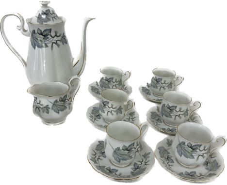 Royal Albert silver maple Coffee service 6 place setting includes coffee pot, cups saucers, milk jug and a sugar bowl 