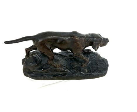 Signed bronze of a dog by A Saussen, approximate measurements: Height 4.5 inches, Length 8 inches, Depth 3 inches 