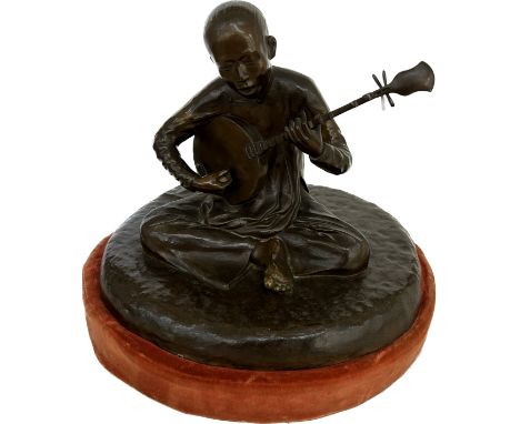 Bronze figure of a boy playing the Mandolin on a detachable fabric base, marked Fonderi Tonknoise Hoang- Xian -lan - Hanor, a