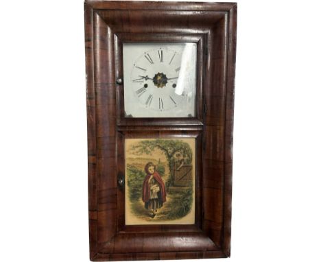 Large wooden wall clock with 8 day movement E.N.Welsh with key and pendulum, picture of little red riding hood, untested 