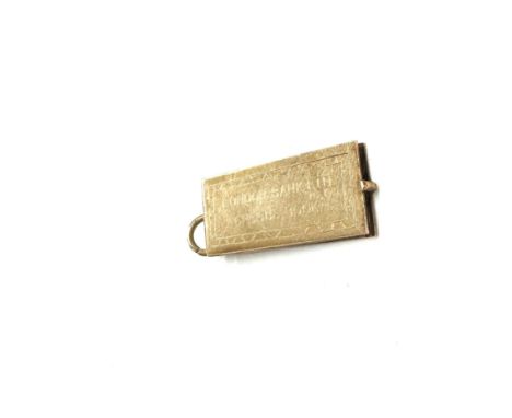 9ct gold cheque book charm, approximate weight 2.5g 