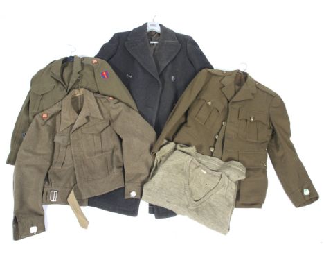 A collection of WWII military uniforms. Including two officer's battle dress, dated 1941, one size 8; WWII service dress jack
