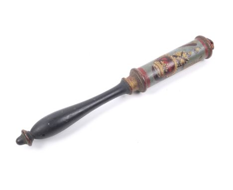 A Victorian turned wood and painted tipstaff. With VR above a crown, gilt and painted in red and pale blue. L35.5cm.