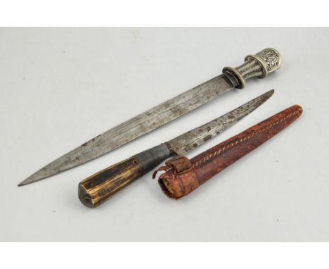 A Tibetan dagger, 26cm blade, pierced metal handle, and a small Partisan knife, leather bound sheath, (2).