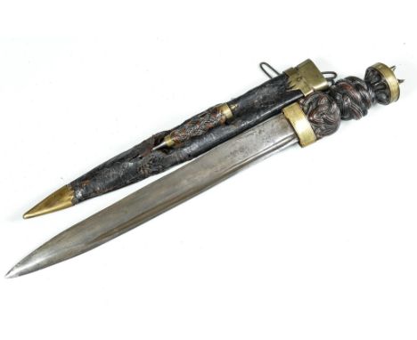 Scottish Gentleman's Dirk, 19th Century, brass pommel cap, carved wood grip, the 32cm blade unmarked, with miniature fork, (l