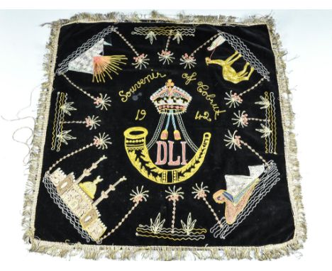 A WWII embroidered panel, Durham Light Infantry, Souvenir of Tobruck 1942, 69 x 69cms, another panel "Greetings from India - 