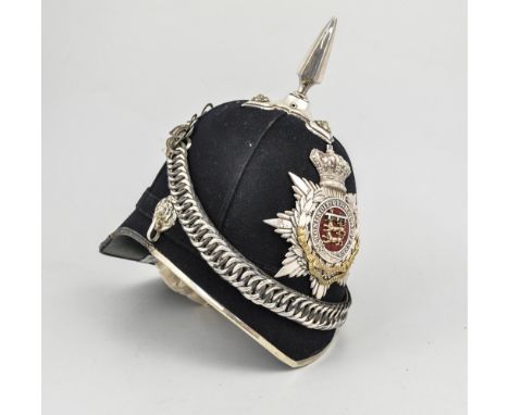 Victorian 1st Volunteer Battalion, Leicestershire Regiment blue cloth helmet, with chin strap, pencil inscribed "Cpl Middleto