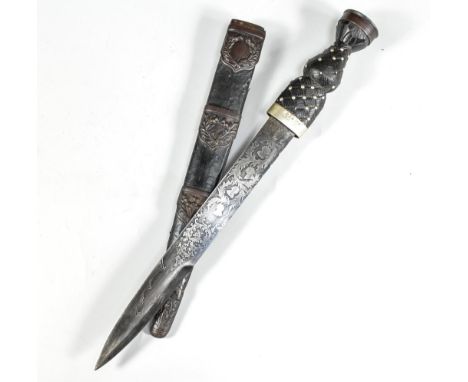 Scottish Military Dirk, the pommel with metal cap and Crown, leather bound studded grip, the 30cm decorated blade marked Robt