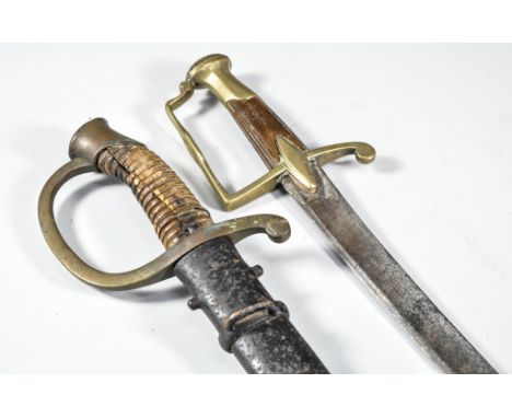 19th Century French light sabre, 72cms blade, and a Continental sabre, 74cms blade, cracks to grip, steel scabbard, (2).