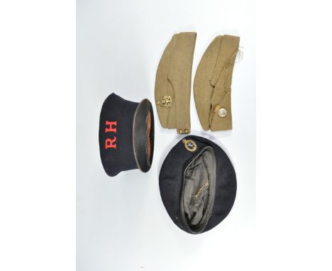 Two Forage caps, Royal Canadian Ordnance Corps, a Welch Fusiliers, a Signal Coprs beret and a Chelsea Pensioners hat, (4).