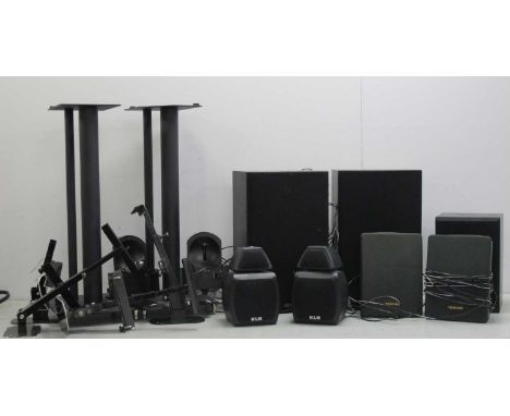 A Pair of KLH Surround Speakers, Aiwa and Toshiba speakers, and a pair of Mission speaker stands and speaker wall mounts (unt