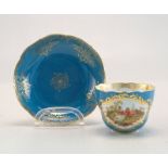 Staatlich Meissen: Moccatasse mit Watteau-Malerei auf Türkisfond mit Goldmalerei