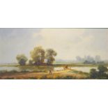 Landschaft mit Flusslauf und Angler