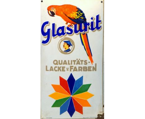 Glasurit, Papagei Werbeschild, 1920er JahreEmailschild, gewölbt, Pyro-Email, Boos u. Hahn, Ortenberg/Baden, dick schabloniert