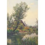 Tannert, Ernst: Bauernkotten am Flussufer mit Wäscheleine, dat. 1897