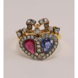 Antiker viktorianischer Doppelherzring mit Saphir, Rubin und Diamanten