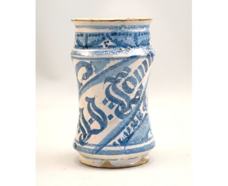 Albarello, Italien, 17. Jhd.abgesetzter Boden, zylindrische Form, heller Scherben, glasiert, monochrom blaue Malerei Boden un