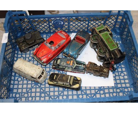 A selection of vintage tinplate toys, Hornby, Scalex &amp; Mettoy 