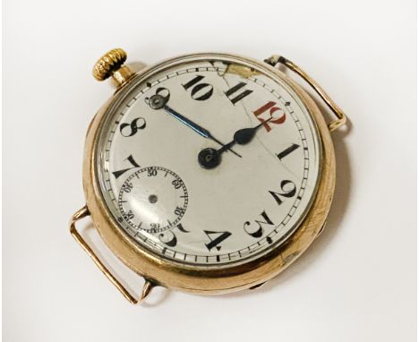 9CT GOLD CASED TRENCH WATCH WITH DENNISON CASE A/F - REQUIRES SERVICE / REPAIR