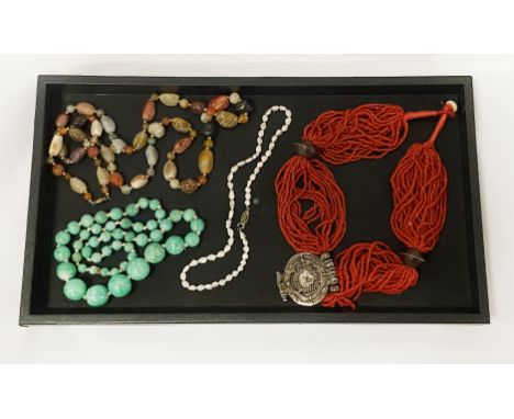 FOUR VARIOUS NECKLACES - PEARL, CORAL &amp; GEMSTONE