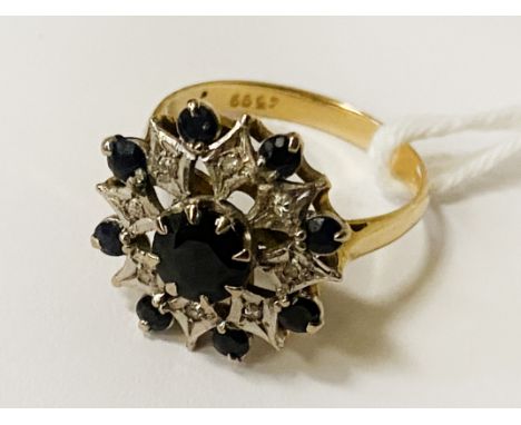 18CT GOLD SAPPHIRE &amp; DIAMOND CLUSTER RING - SIZE O