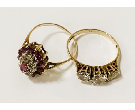 RUBY &amp; DIAMOND CLUSTER RING - MISSING ONE STONE &amp; 9CT GOLD GLASS 3 STONE RING SIZE M/N &amp; SIZE O