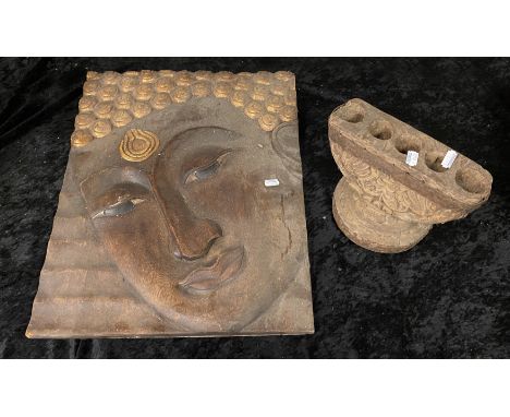 THAI BUDDHA WALL PLAQUE &amp; CANDLESTICK 