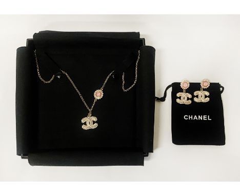CHANEL EARRINGS &amp; NECKLACE WITH CABACHON PINK STONES