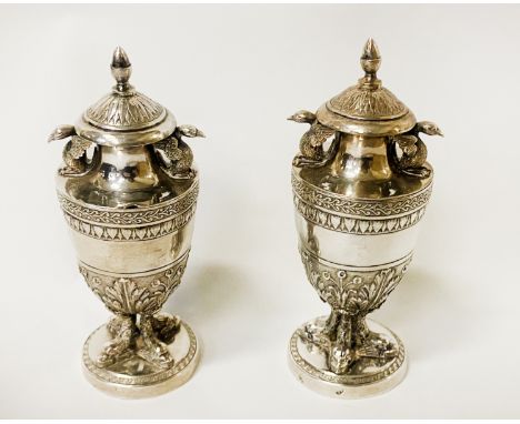 PAIR OF SWAN DEPICTION SILVER SALT &amp; PEPPER CRUETS WITH BRISTOL (400 GRAMS APPROX TOTAL INC LINERS SLIGHT DAMAGE TO TOPS)