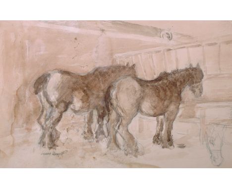 Laura Knight (1877-1970) British. Two Horses in a Stable Interior, a Sketch, Watercolour and Pencil, Signed in Pencil, Unfram