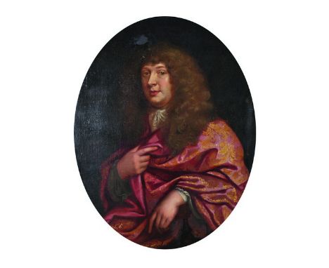 18th Century English School. Portrait of a Wigged Man, with a Red and Gold Cape, Oil on Canvas, Oval, 36” x 28”. 