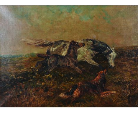 John Emms (1843-1912) British. A Sketch with a Mare and Foal, being chased by a Dog, Oil on Canvas, Signed and Dated ’99, 18”