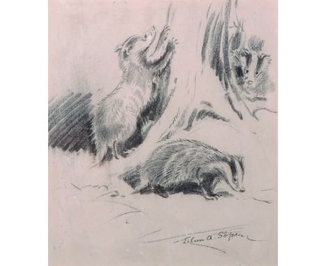 Eileen Alice Soper (1905-1990) British. “Badgers”, Pencil, Signed, 6.75” x 5.75”, together with a print by the same artist. 