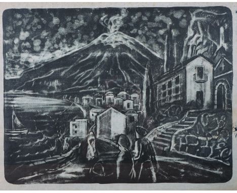 Theodor Kern (1900-1969) German. Figures in a Street, a Volcano beyond, Print, Signed and numbered 5/20 in Pencil, overall 19