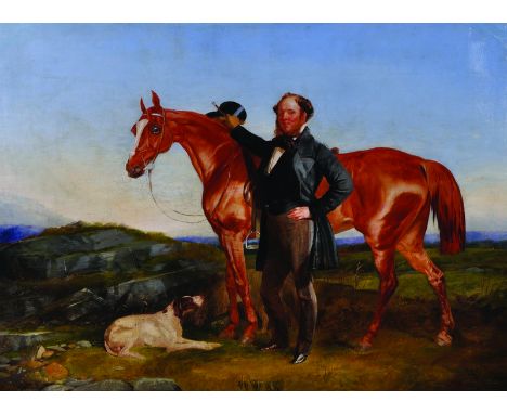 R… T… Bott (act.c.1847-1865) British. Study of a Man with his Horse and Dog, in a Landscape, Oil on Canvas, Signed, Inscribed