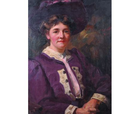 J… H… Smit (19th – 20th Century) British. Portrait of a Lady, wearing a purple dress with white edging, and a hat, Oil on Can