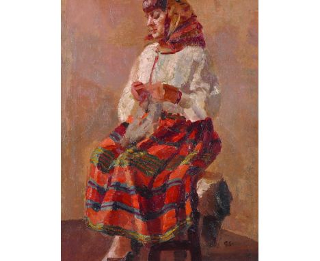 George Sheringham (1884-1937) British. Study of a Seated Lady Knitting, and a Portrait of a man verso, Oil on Board, Signed w