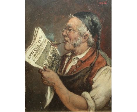 J… Forst (19th – 20th Century) European. Portrait of a Man Reading a Newspaper, Oil on Panel, Signed, 6” x 4.5”, and the comp