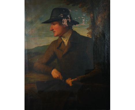 Early 19th Century English School. Portrait of a Man holding a Gun, in an extensive Landscape, Oil on Canvas, Unframed, 44” x