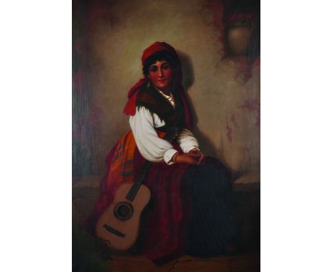 Emilie Chaese (19th Century) European. Portrait of a Spanish Beauty, Holding a Guitar, Oil on Canvas, Signed, 52” x 37”. 