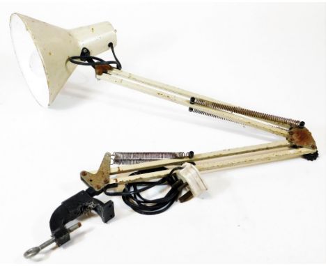 A vintage angle poise jeweller's lamp, in grey with cone shaped shade, 18cm wide and articulated stem.