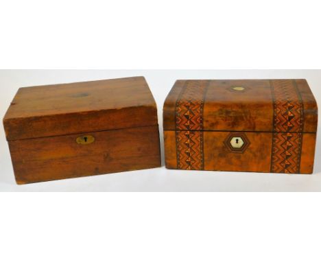 A 19thC Tunbridge jewellery box, of domed form with an inlaid section and a central vacant mother of pearl cartouche, with fi