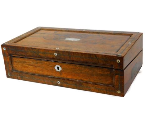 A 19thC rosewood duet writing slope, of rectangular form with mother of pearl inlay and part fitted interior, with exterior v
