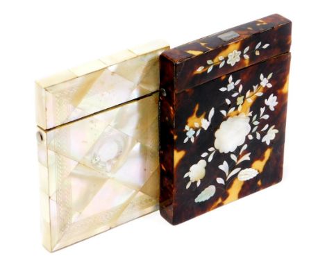 A Victorian tortoiseshell and mother of pearl card case, of rectangular form, enriched with flowers with a plain interior, 10